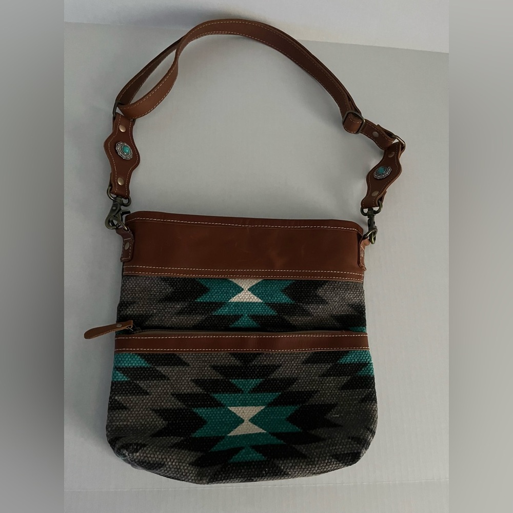Southwestern Patterned Canvas and Leather Shoulder Bag